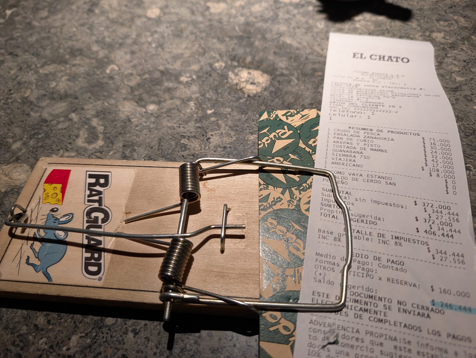 The bill comes in a rat trap. Nobody explained why, and we didn't ask.