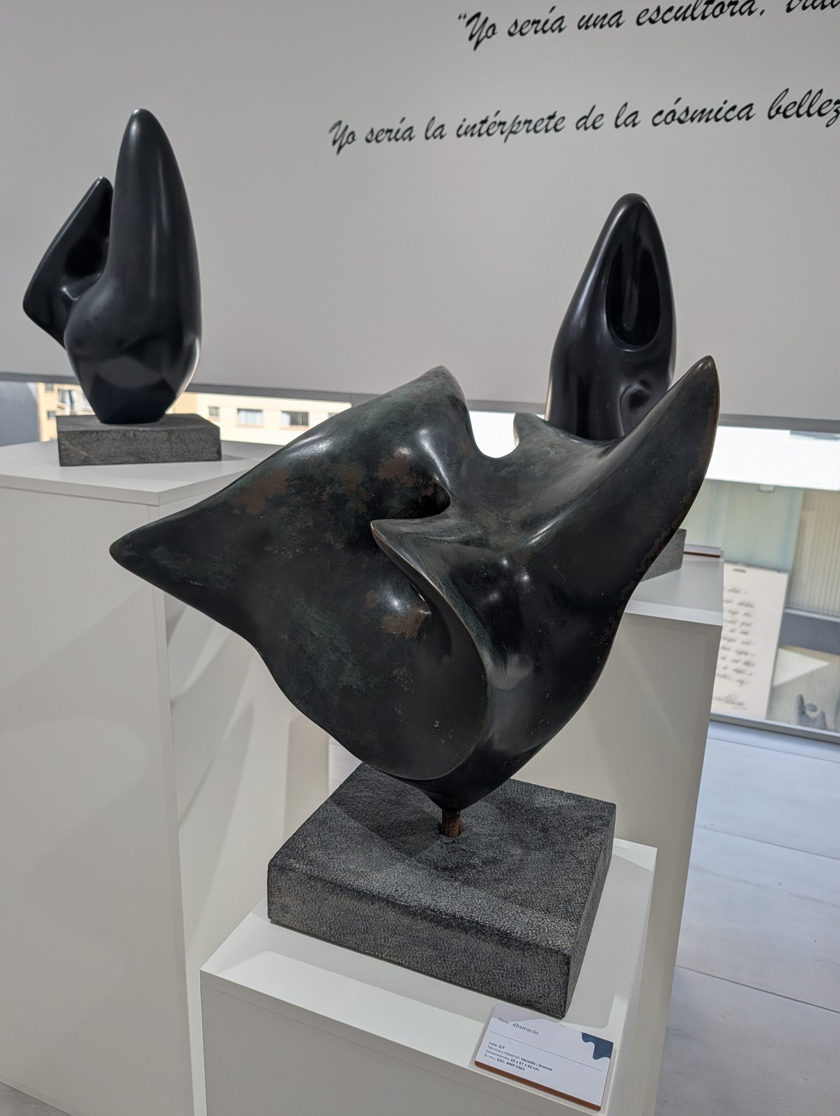 Bronze. The wall quotes her: 'I would be a sculptor. I would be the interpreter of cosmic beauty.'