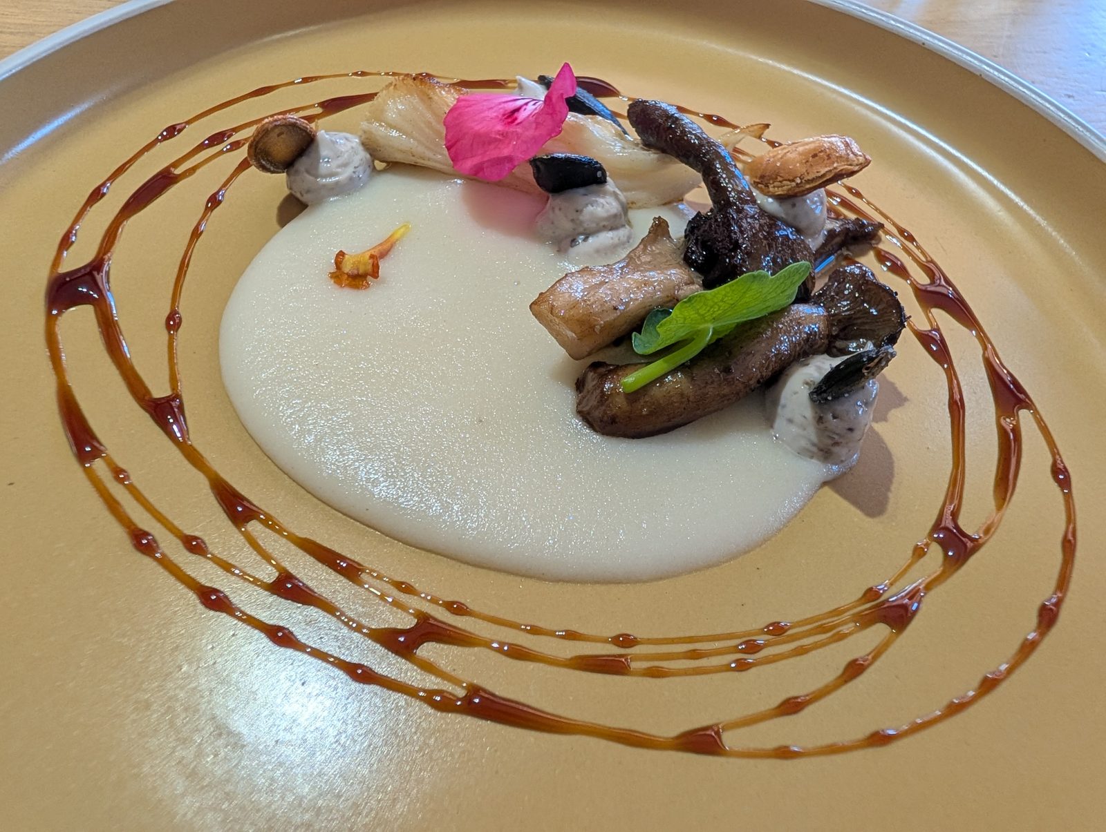 Mushrooms on a white purée, in rings of reduction.