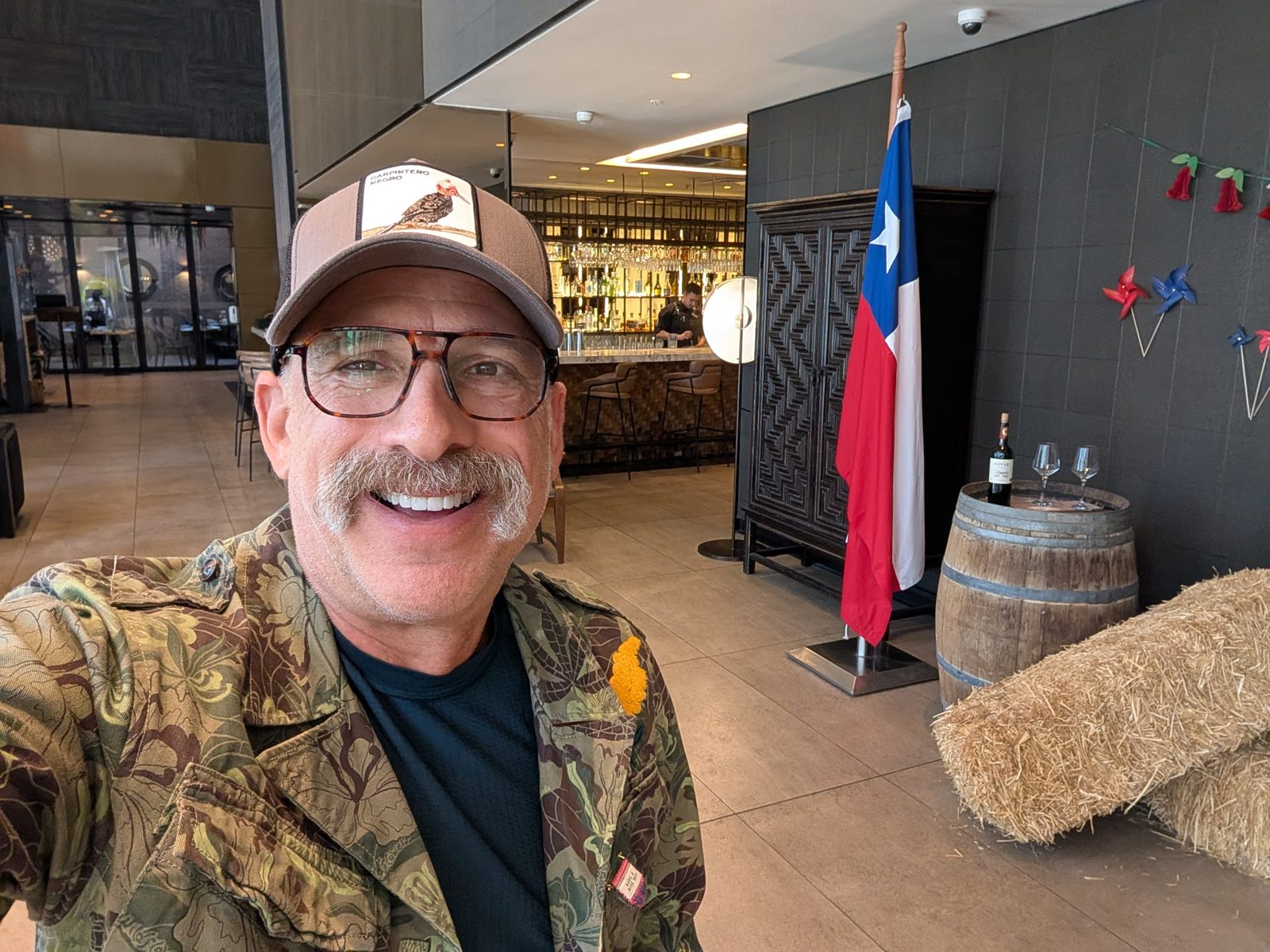 The Hyatt Centric lobby, dressed for Fiestas Patrias.