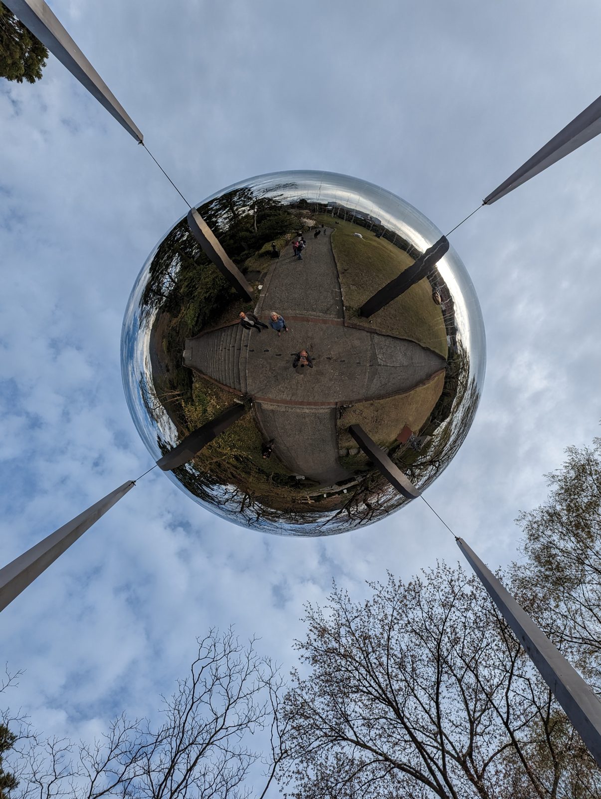 From underneath. The sky becomes a hole you are standing in.