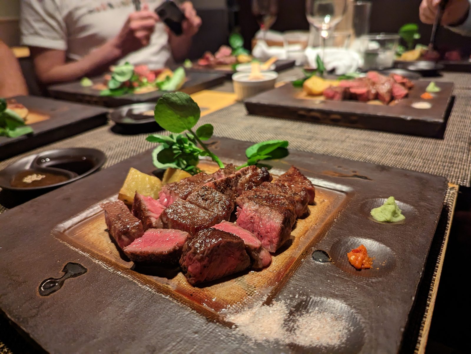 Teppan Ku-ya. Wagyu, with salt and wasabi.